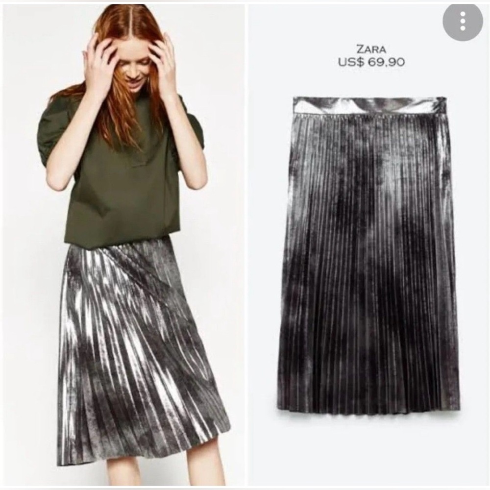 Zara Silver A-Line Pleated Suede-Like Skirt